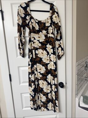 Old Navy Black Maxi Dress with Cream Floral & Brown Leaves